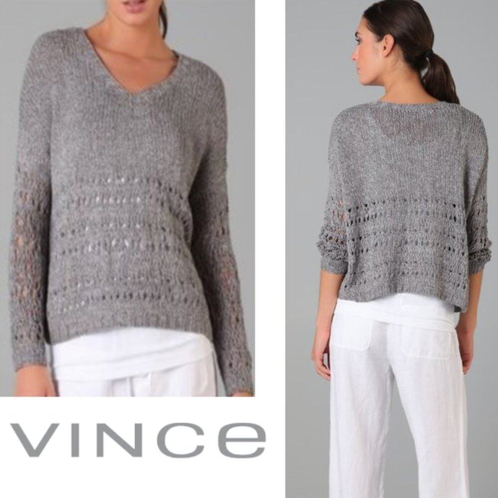 Vince Size XS Gray Marled Hand Knitted V Neck Sweater-Open Weave Boxy